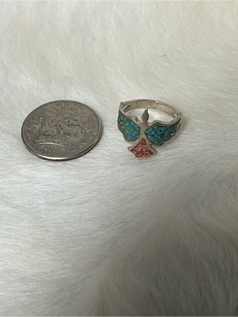 Vintage Sterling silver turquoise and coral inlay thunder bird - Picture 2 of 5